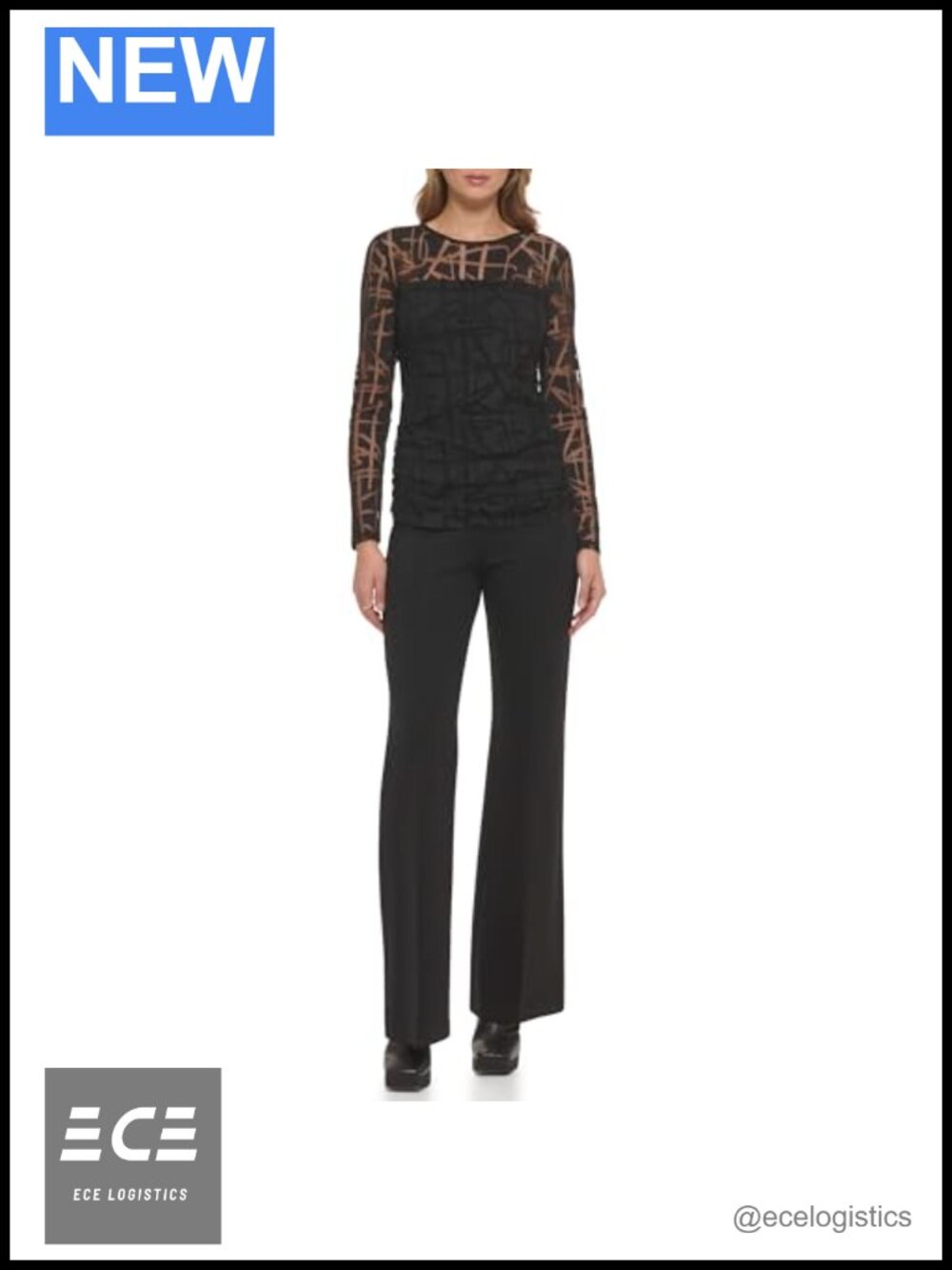 DKNY Long Sleeve Jacquard Ruched Mesh Top Women's Crew Neck Pull On Active Tee